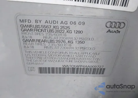 2010 Audi Q5 3.2 Premium from USA, damaged, VIN WA1CKAFP4AA009727